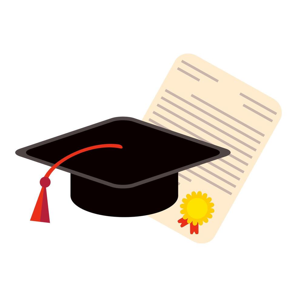 Black graduation cap and diploma certificate. Education and graduation concept. Hand drawn illustration in flat style. vector