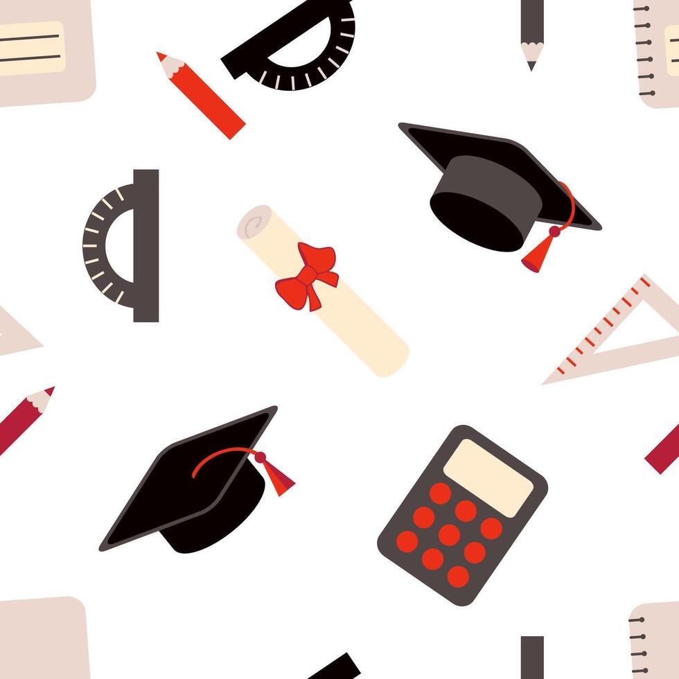 Tassel, caps and diploma certificate graduation seamless pattern. Perfect design for college, high school, university. Hand drawn illustration. vector