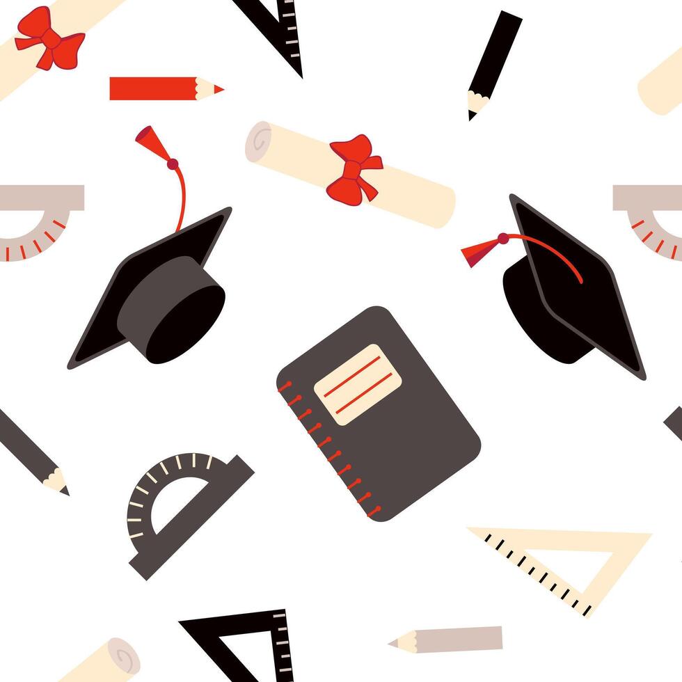 Class of graduation seamless pattern with caps and diploma rolled scroll. Perfect design for college, high school, university. Hand drawn illustration. vector