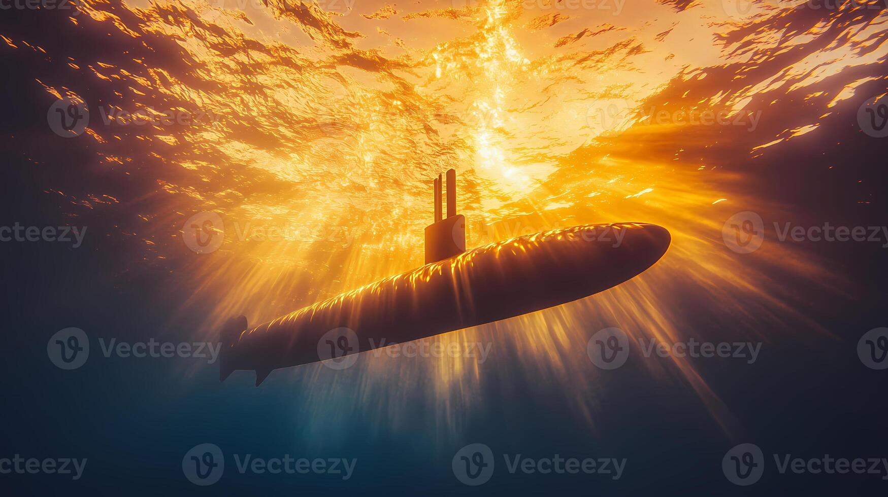 Submarine navigating deep waters under golden sunset photo