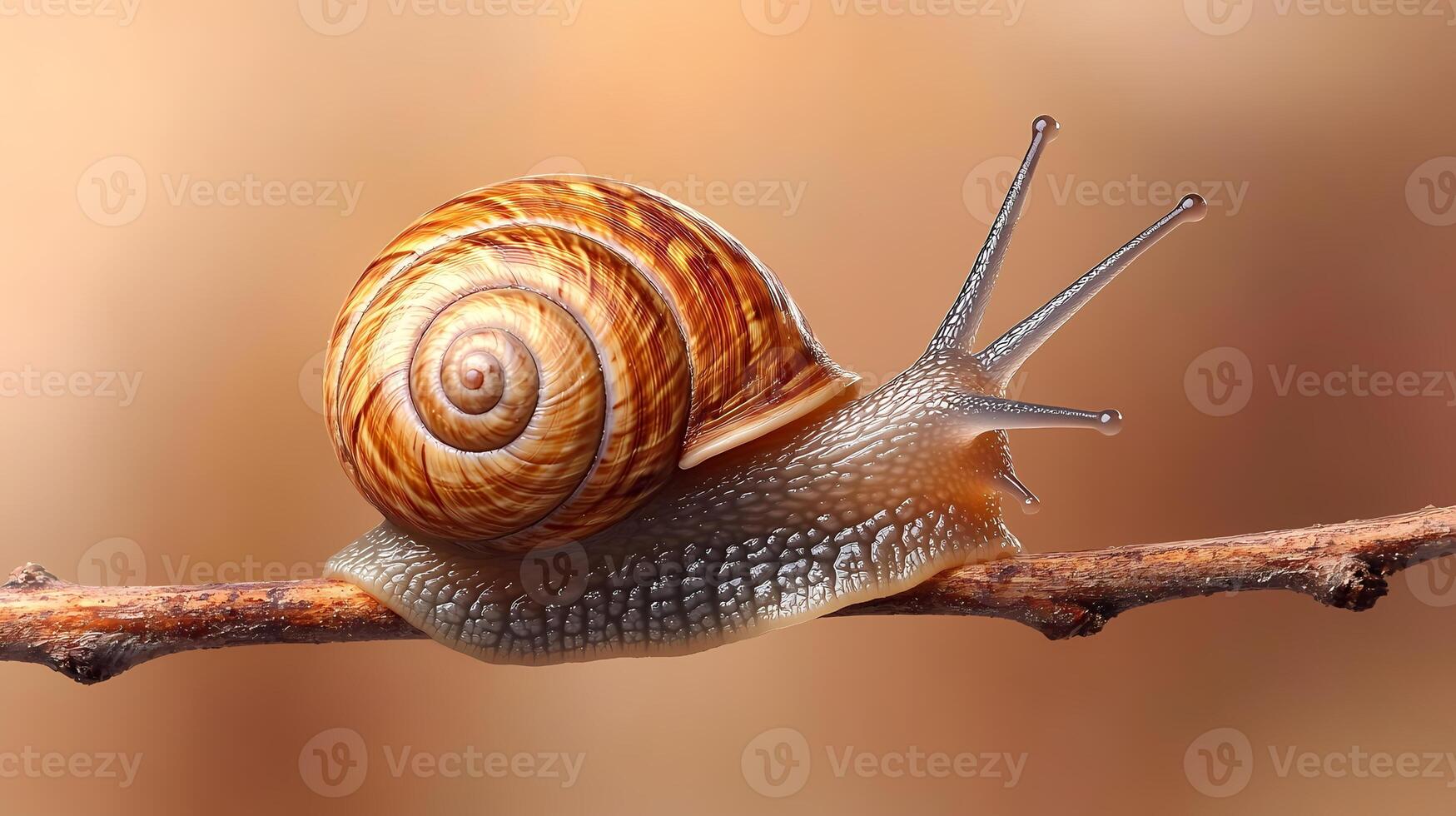 Snail crawling on a twig with spiral shell and antennae photo