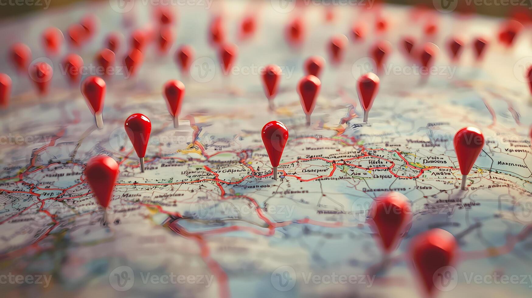Red push pins showing locations on a map photo