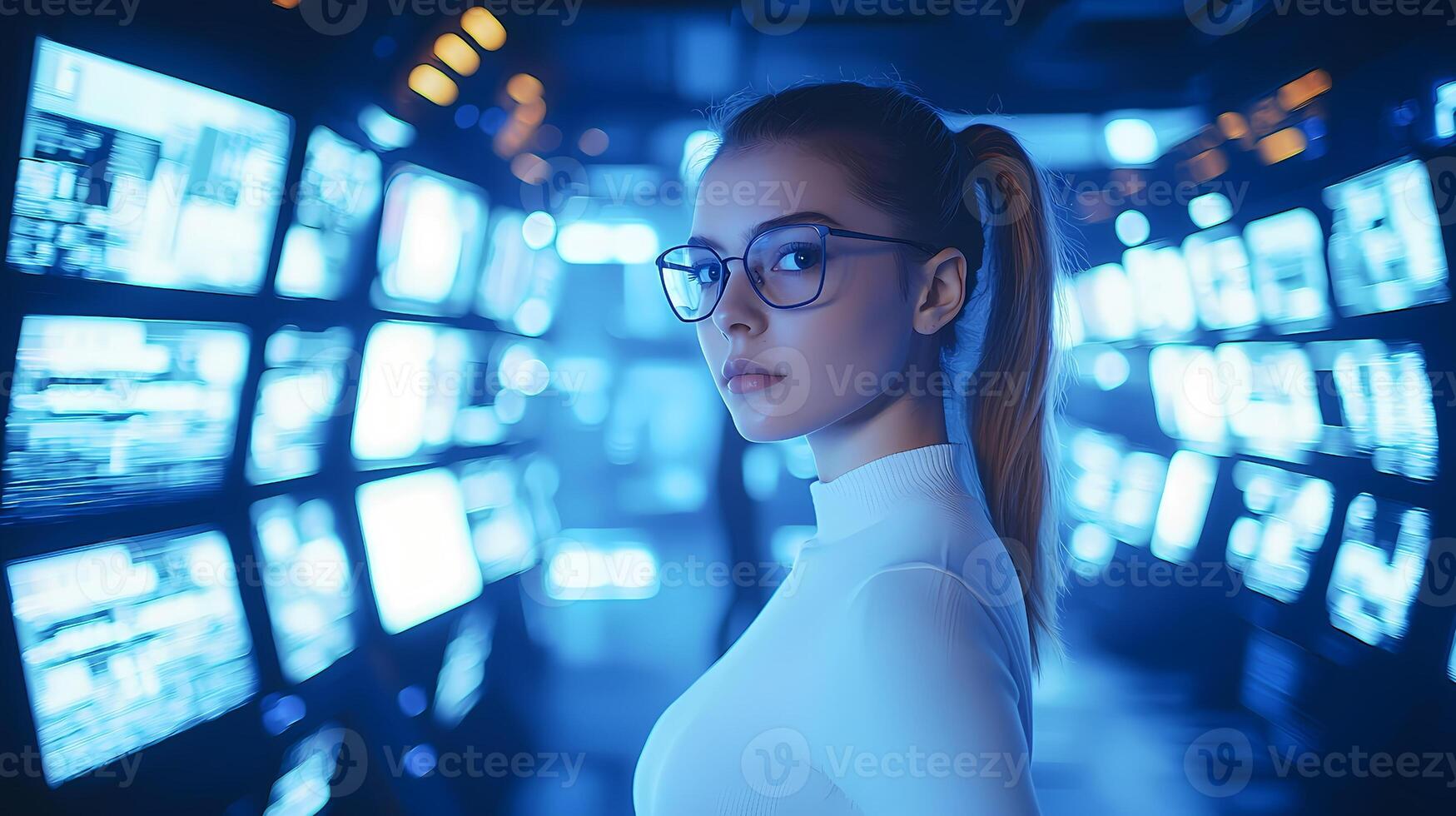 Software engineer controlling data flow on computer screens in digital futuristic room photo