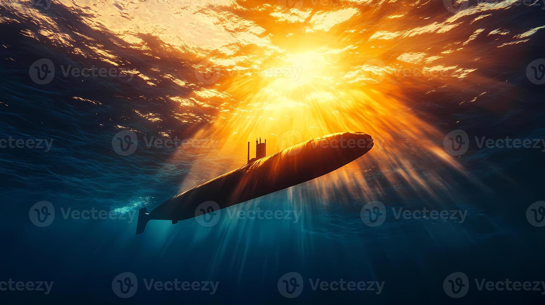 Submarine navigating deep ocean waters at sunset photo