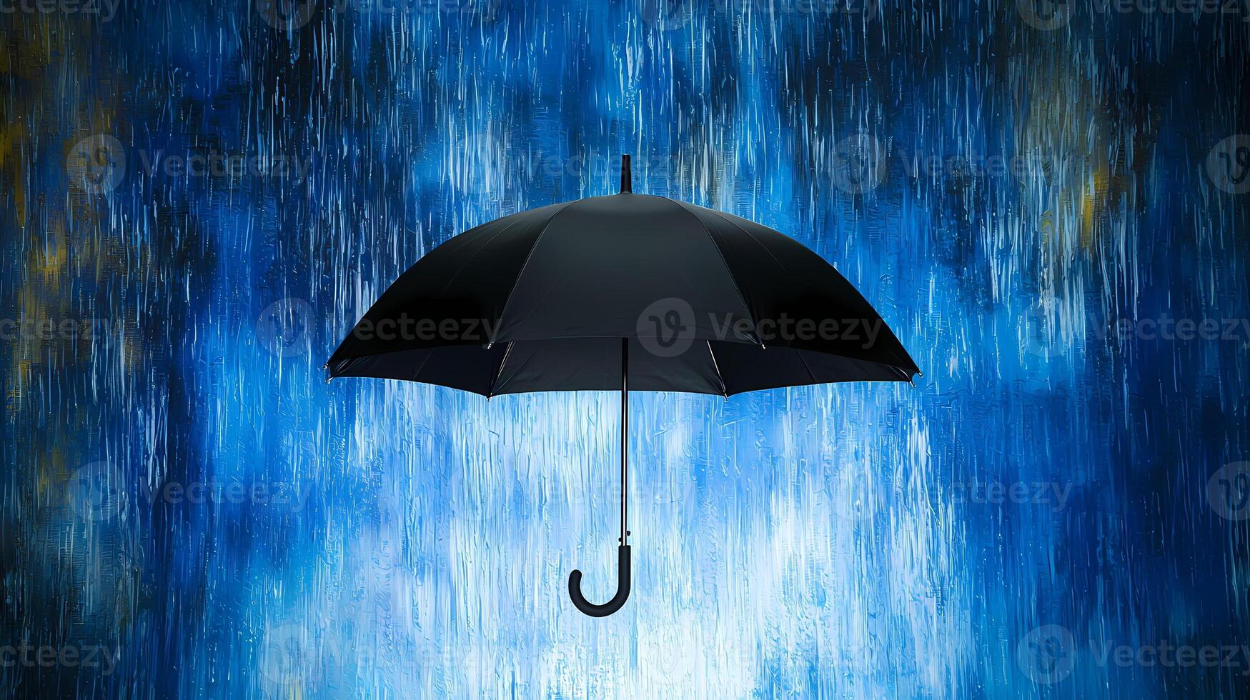 Black umbrella protecting from rain on blue background photo