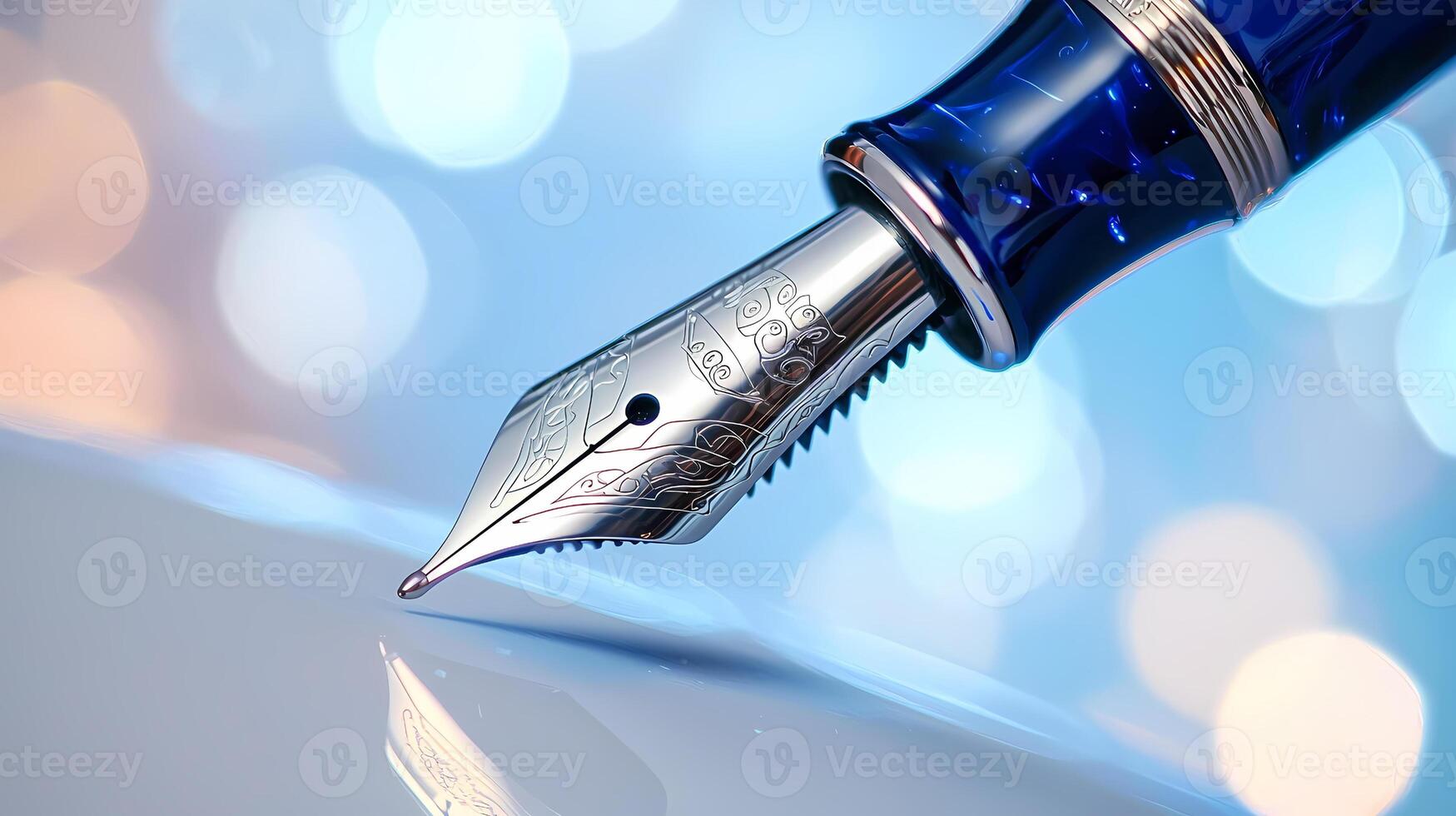 Elegant fountain pen nib reflecting on smooth surface with bokeh background photo
