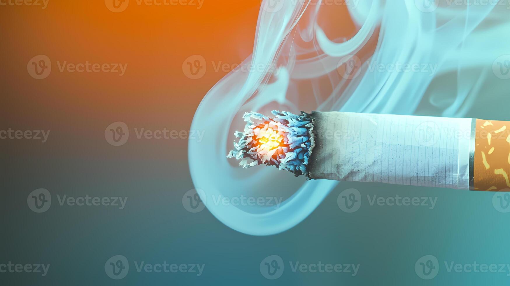 Lit cigarette burning and generating smoke on gradient background photo