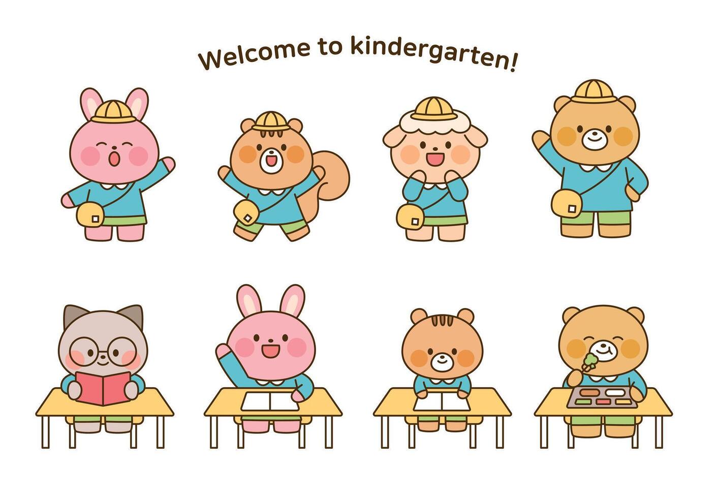 A cute illustration of kindergarten animal characters in school uniforms, studying and playing in class. Perfect for children's content, education, and school-related themes. vector