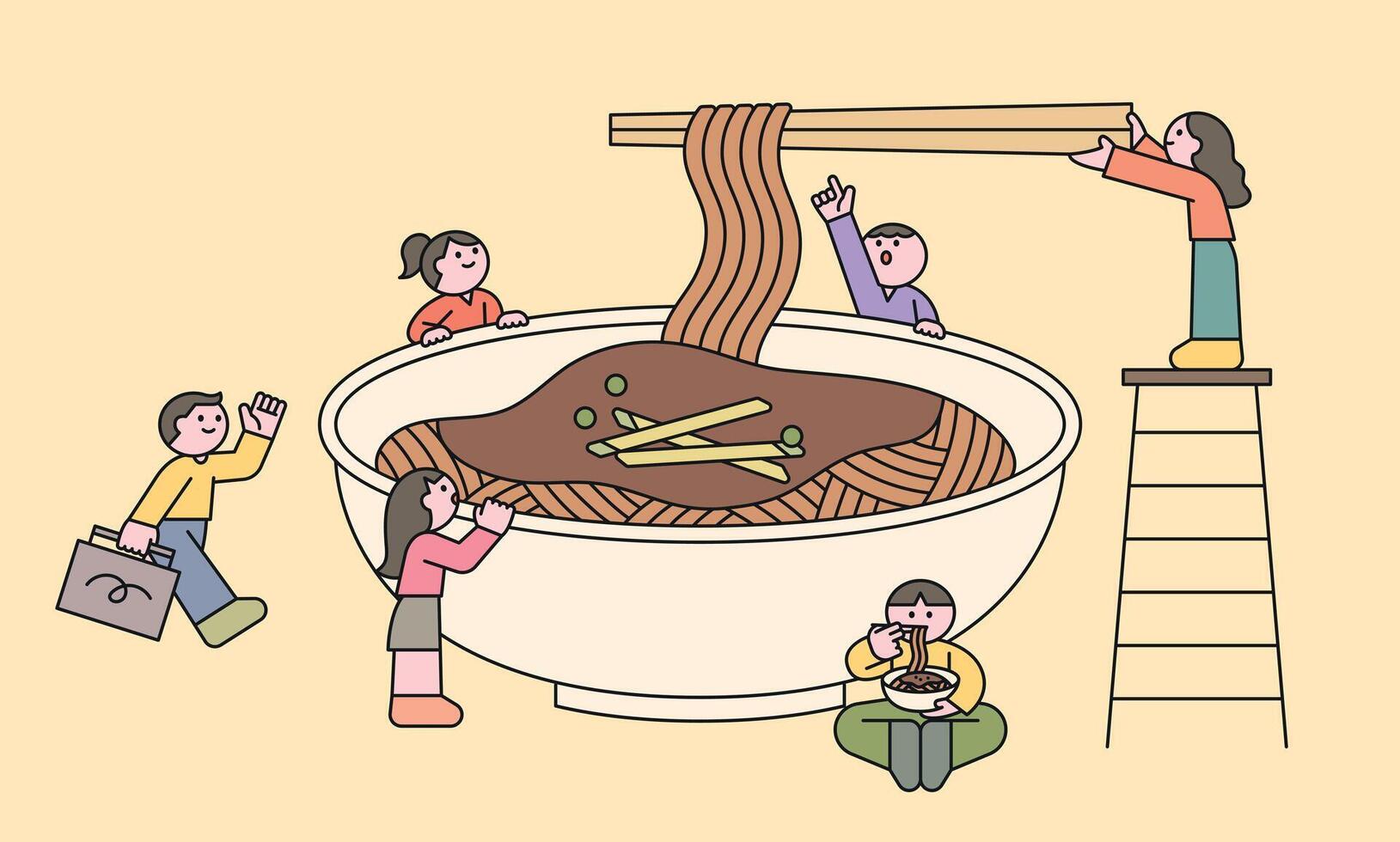 A creative illustration featuring tiny people interacting with a giant bowl of noodles with sauce. Perfect for food-related content, restaurants, and playful culinary designs. vector