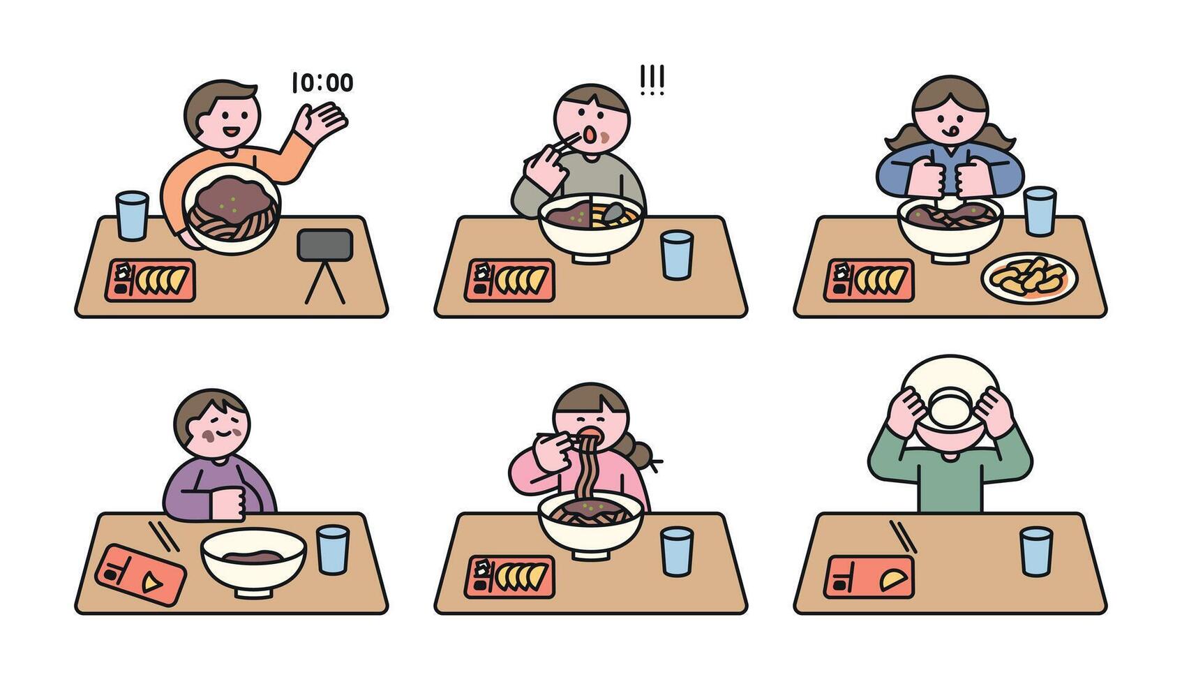 A fun illustration featuring people enjoying a meal, including eating noodles, food reactions, and mukbang. Perfect for food-related content, social media, and restaurant themes. vector