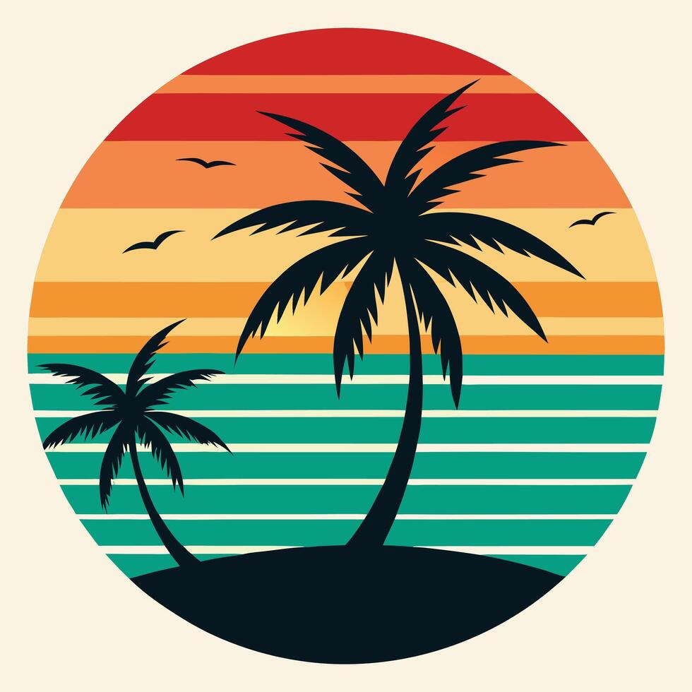 summer beach silhouette on retro vintage backgroun. vintage tshirt design vector