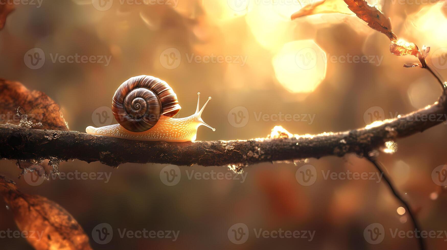 Snail crawling on a branch at sunset in autumn forest photo