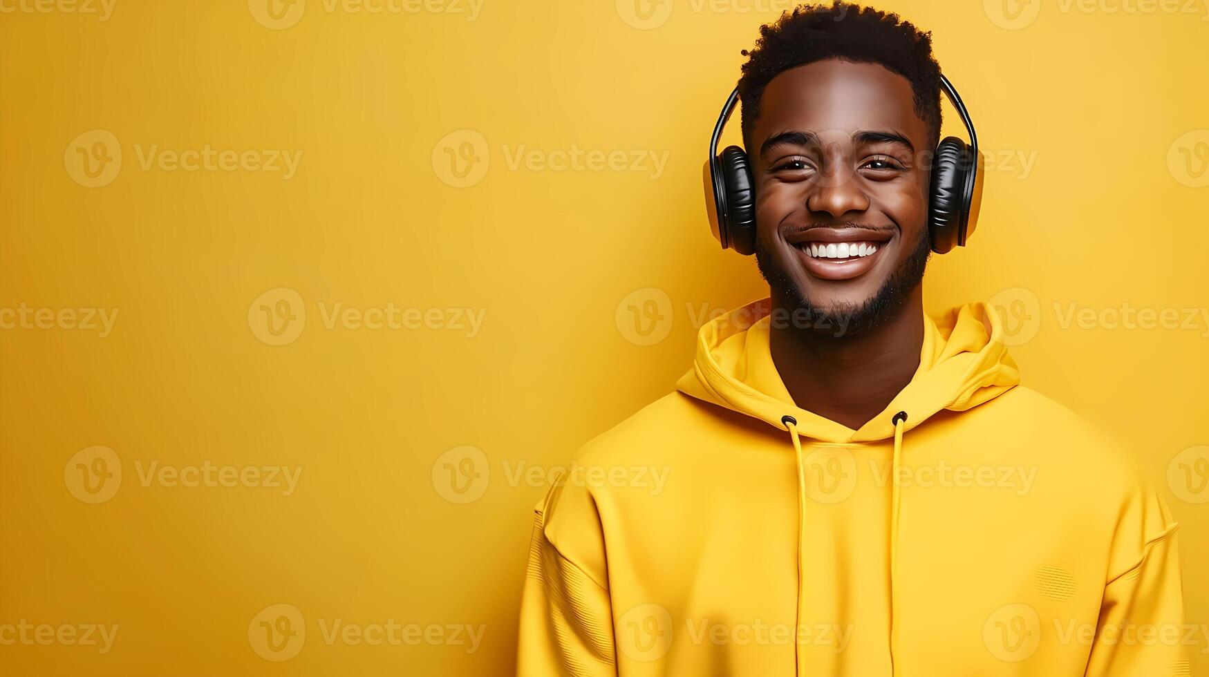 Happy young man wearing headphones listening to music on yellow background photo