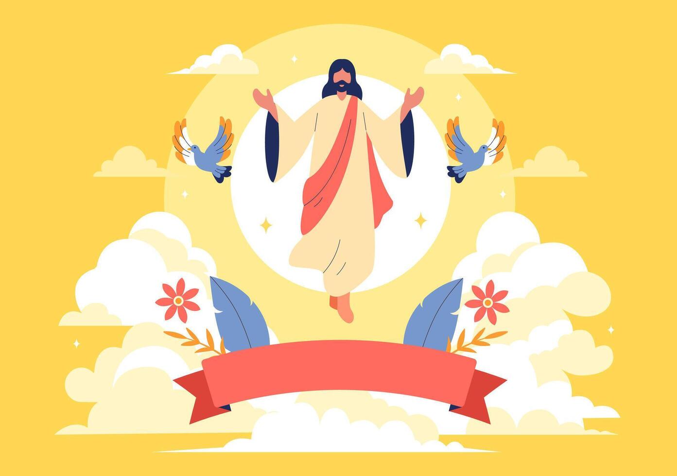 Christian Feast of the Assumption Illustration with Mary, Angels, and Doves in Heaven vector