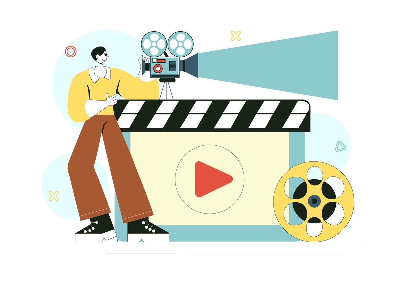 Cinematic Film Festival Art Featuring Movie Production with Camera and Filmstrip Elements vector