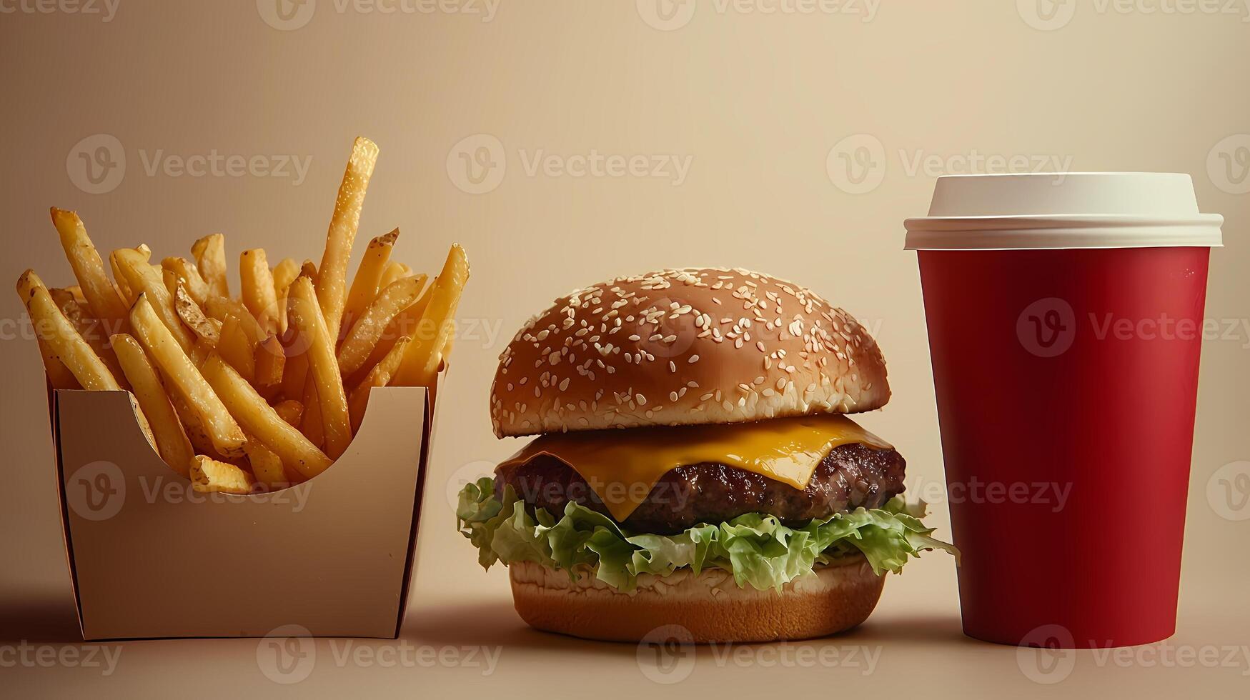 Cheeseburger, french fries and red paper cup representing classic fast food meal photo
