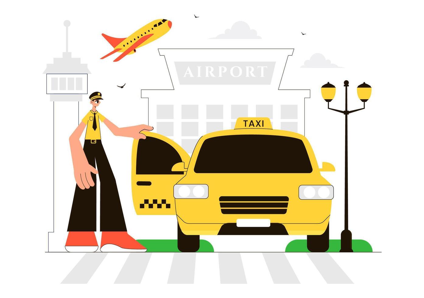 Illustration of an Airport Taxi Service with Passenger and Luggage in a Flat Cartoon Style vector