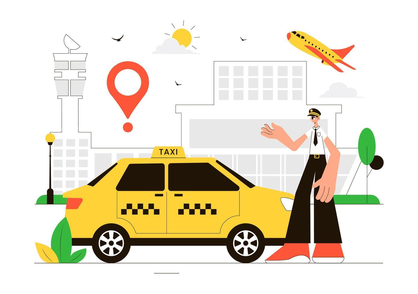 Flat Style Illustration of an Airport Taxi Transporting Passengers with Luggage vector