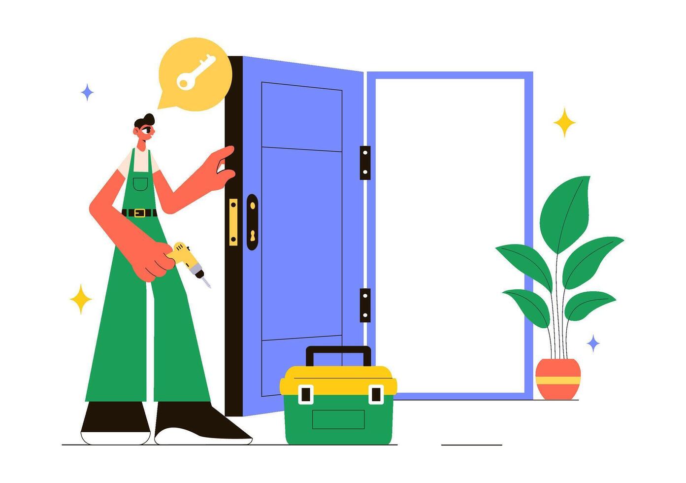Illustration of a Professional Locksmith Performing Key Repair and Home Lock Installation vector