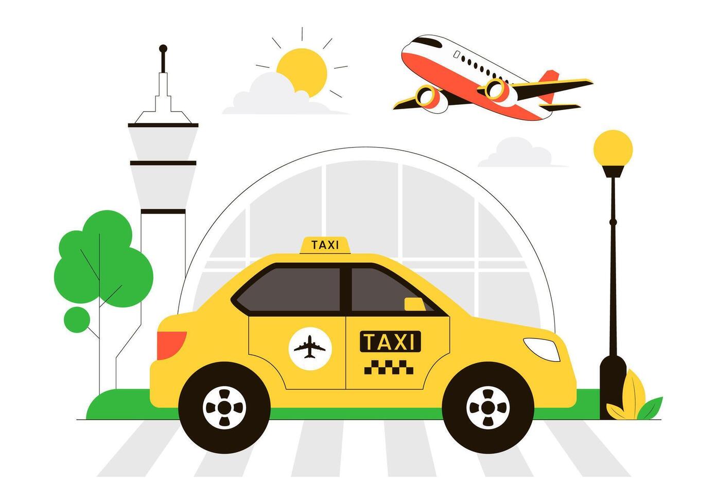 Flat Cartoon Illustration of an Airport Taxi Driving Passengers to Their Destination vector