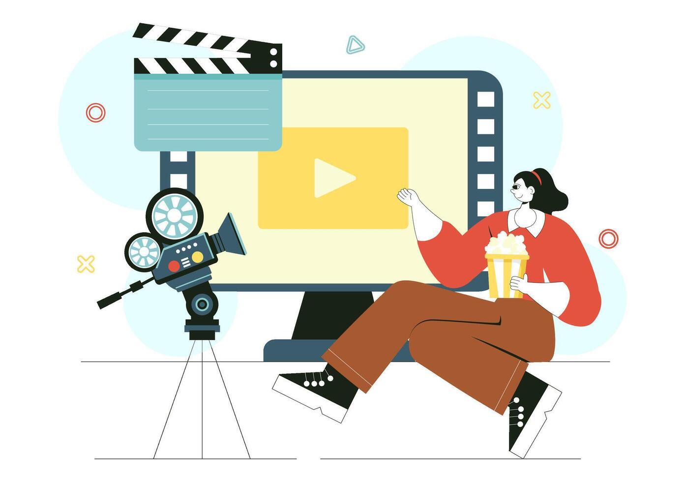 Film Festival Art Featuring Movie Production Process with Camera and Filmstrip in a Studio vector