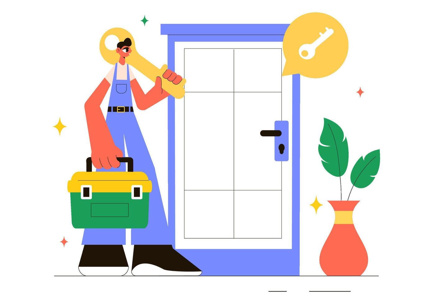 Locksmith Service Illustration with a Repairman Providing Home Repair and Key Installation vector