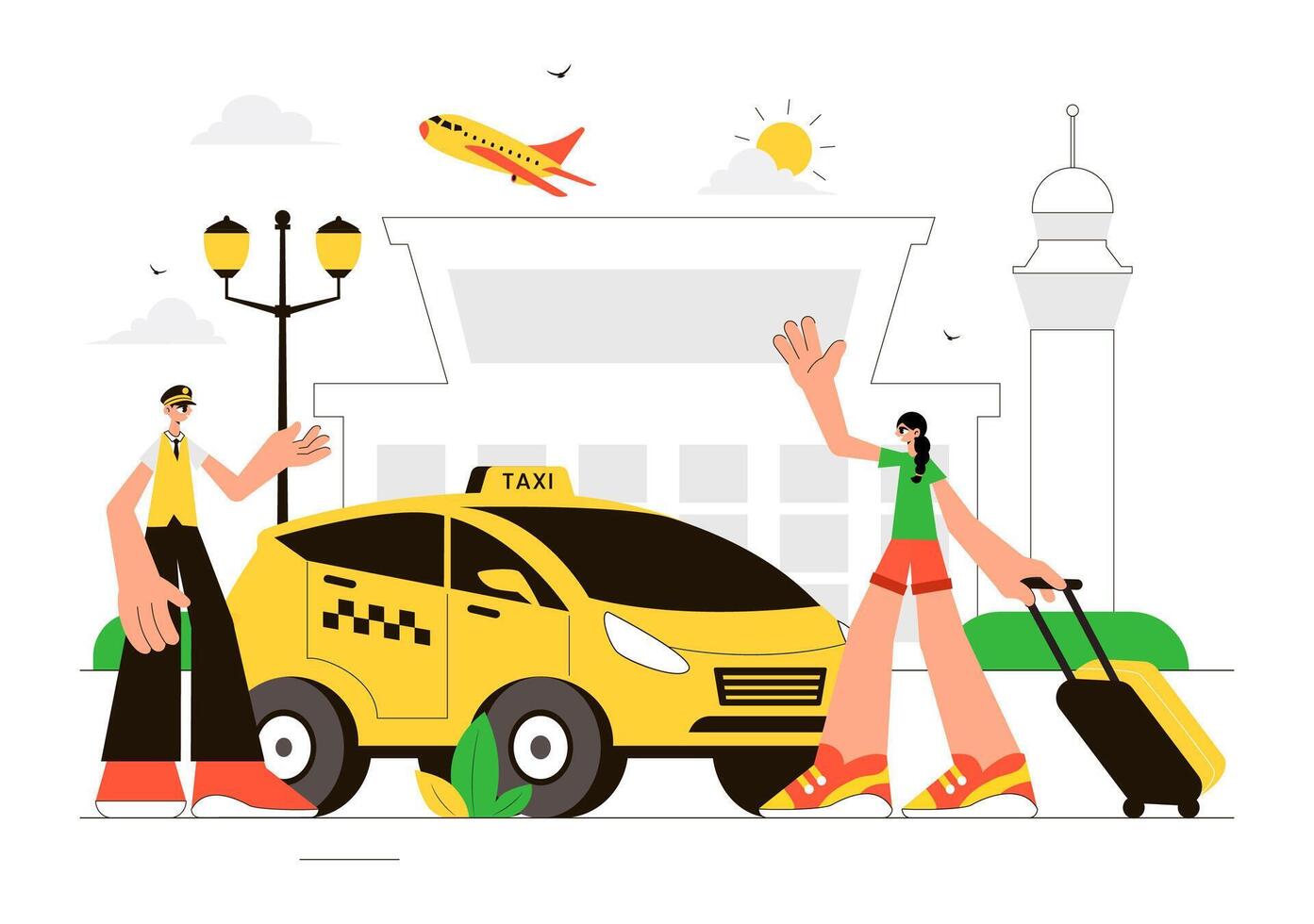 Airport Taxi Illustration Depicting Passenger Pickup and Luggage Transfer in a Flat Background vector