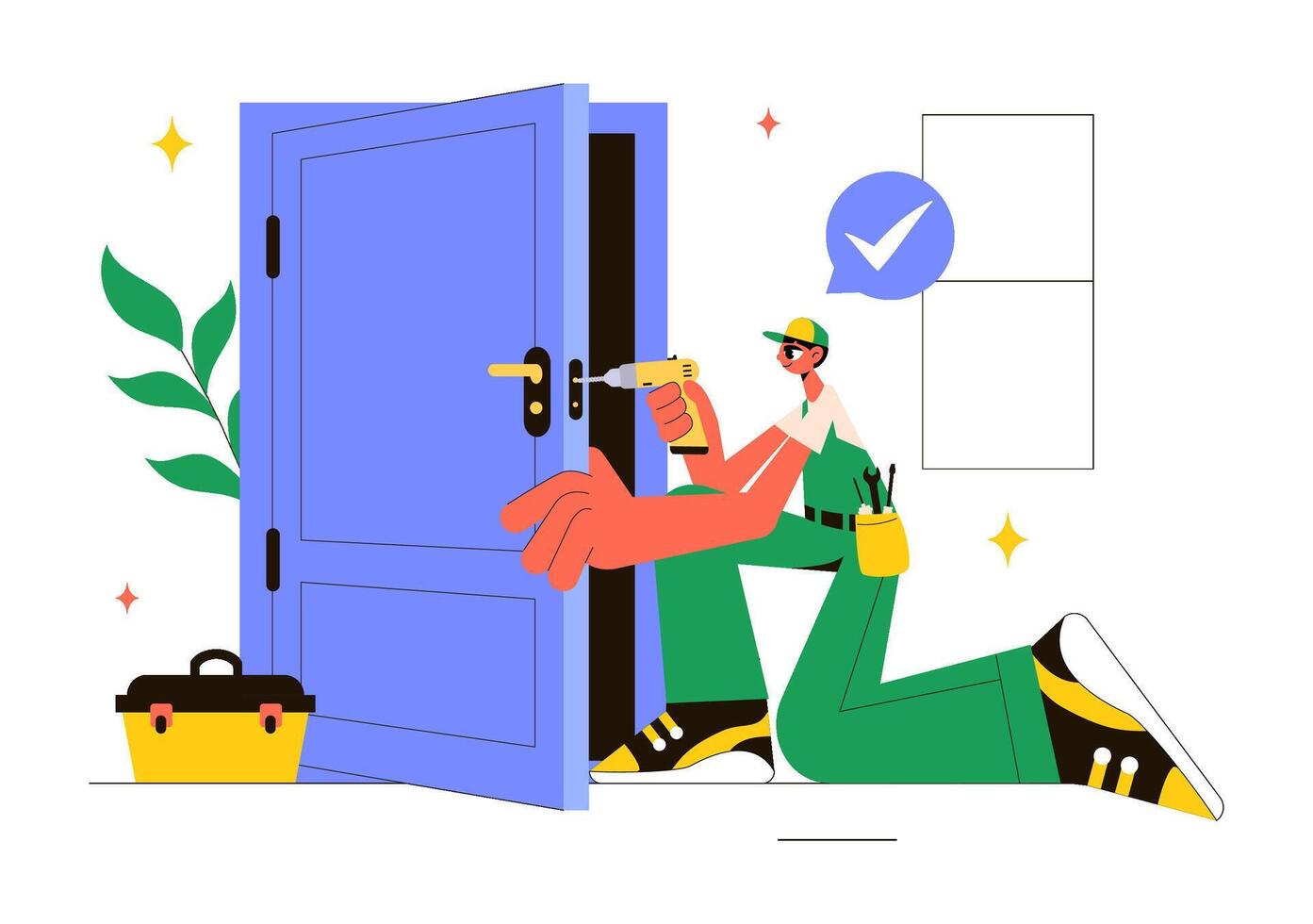 Art of a Locksmith Offering Home Lock Repair and Installation with Tools vector