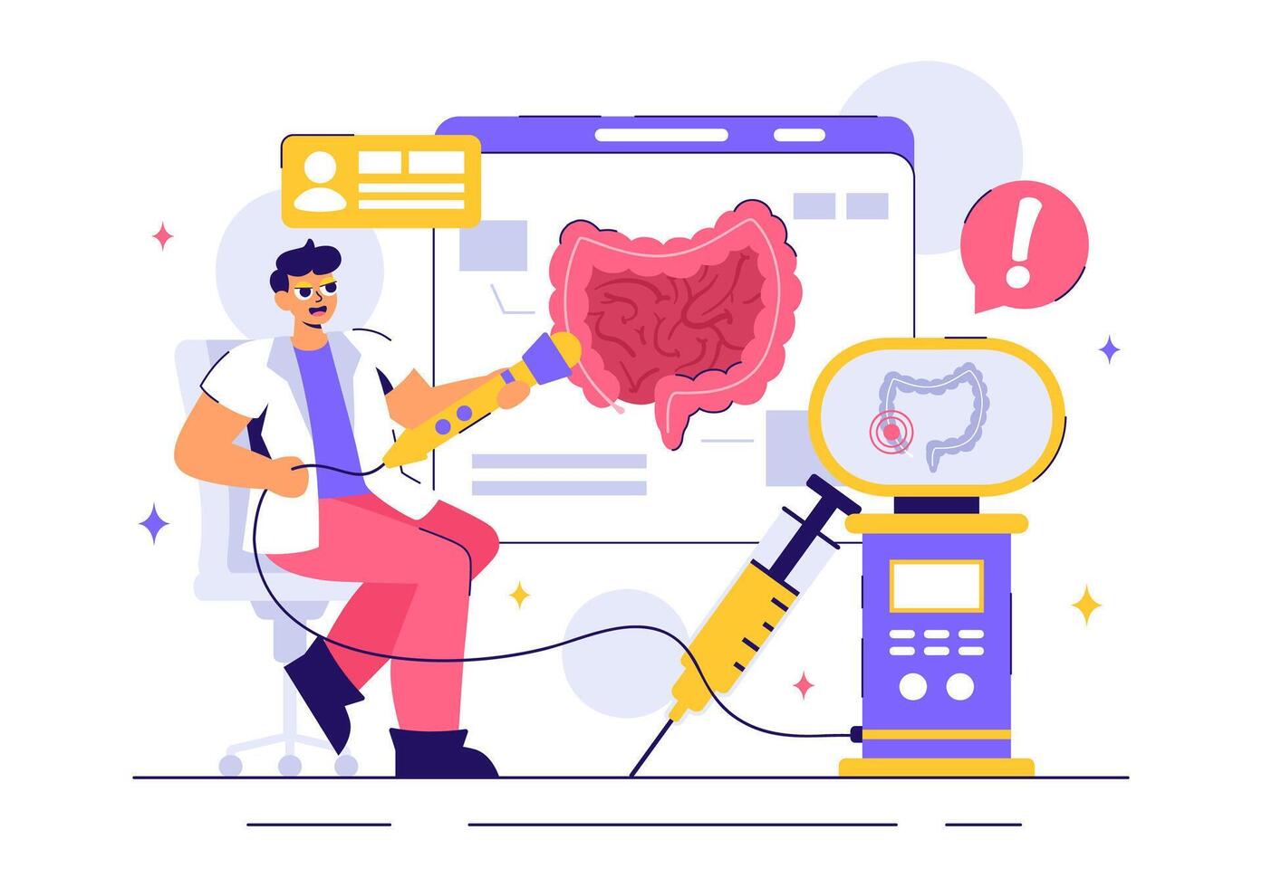 Medical Colonoscopy Illustration with a Doctor Analyzing the Colon and Intestinal Health vector