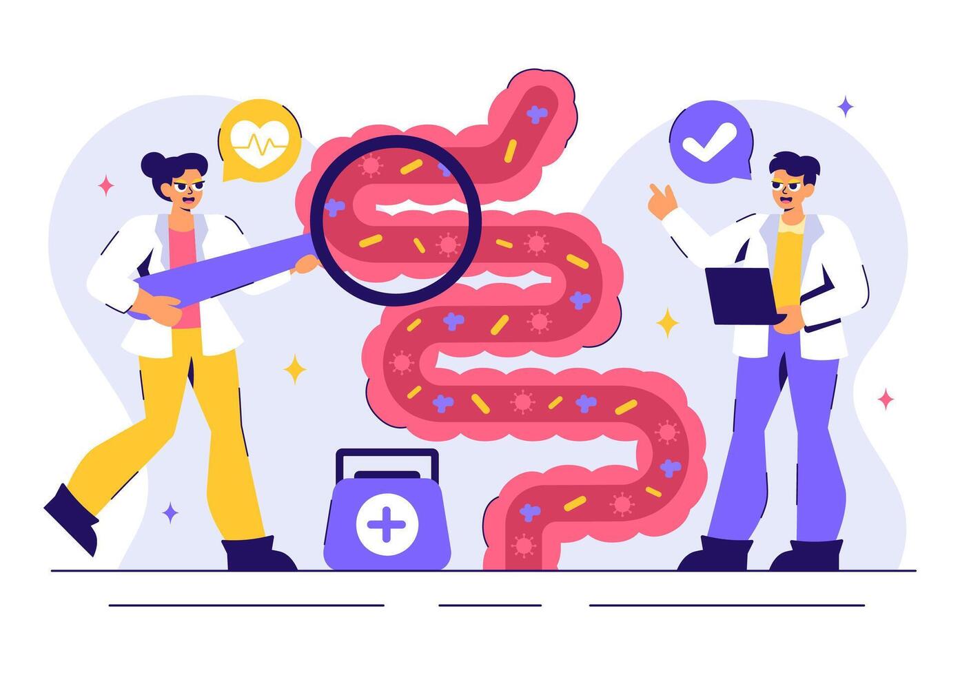 Doctor Performing Colonoscopy Illustration with Colon Examination and Bacteria Display vector