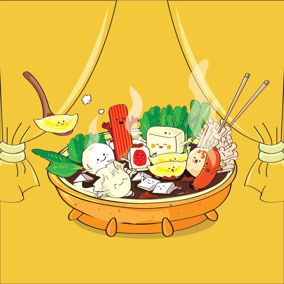 Hot Pot Ingredients in a Steaming Hot Pot vector