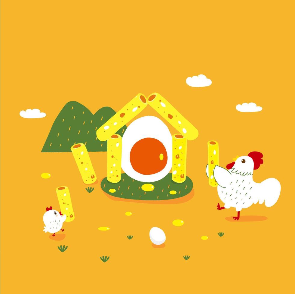 A Chicken Building a House with Egg Rolls and an Egg Door vector