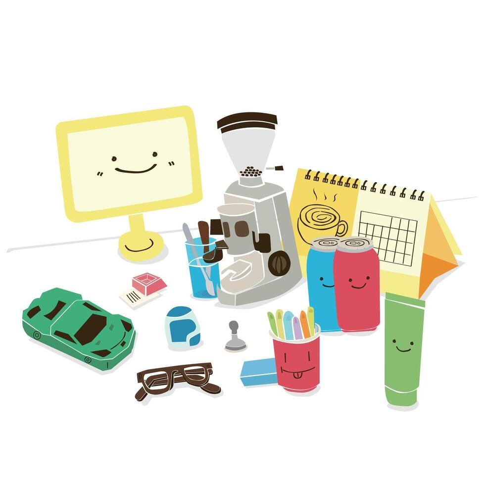 Office Desk with Coffee Grinder, Monitor, and Stationery vector