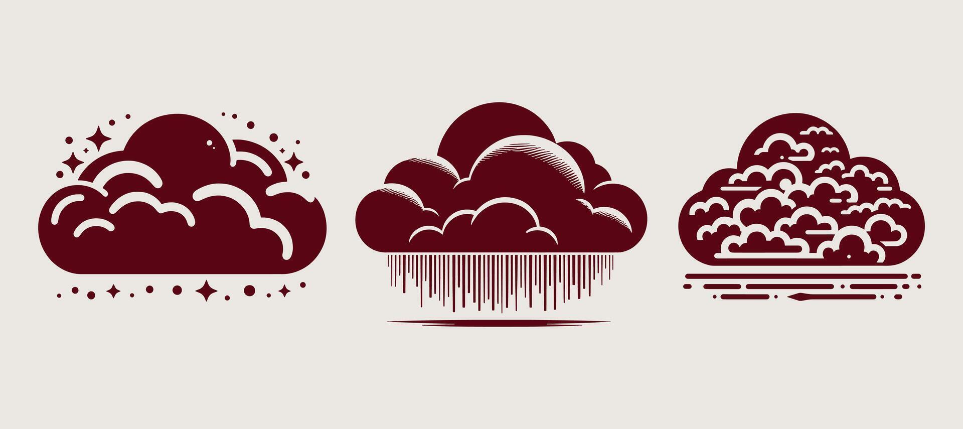 Three different types of clouds and rain on grey. vector