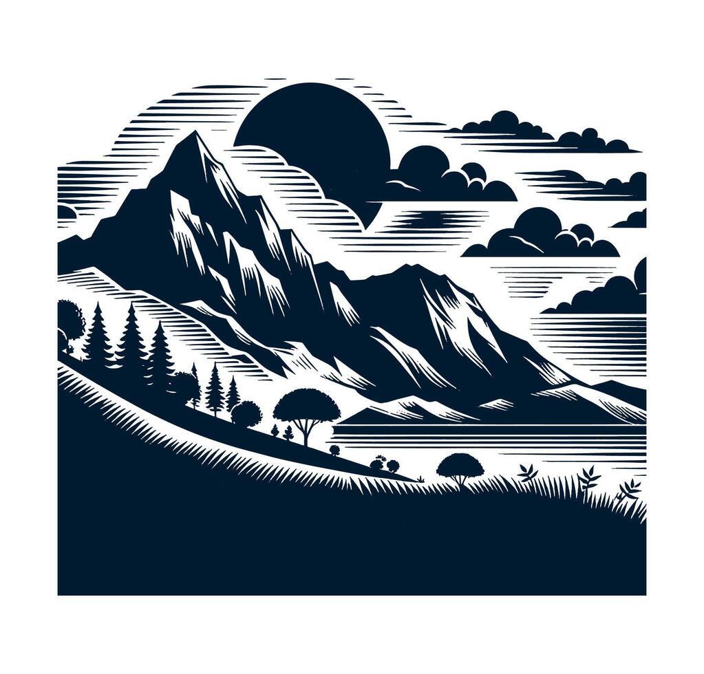 A black and white illustration of a mountain range vector