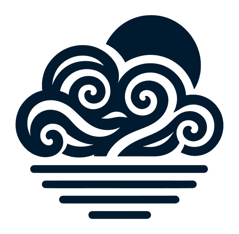A black and white logo with a wave and clouds vector