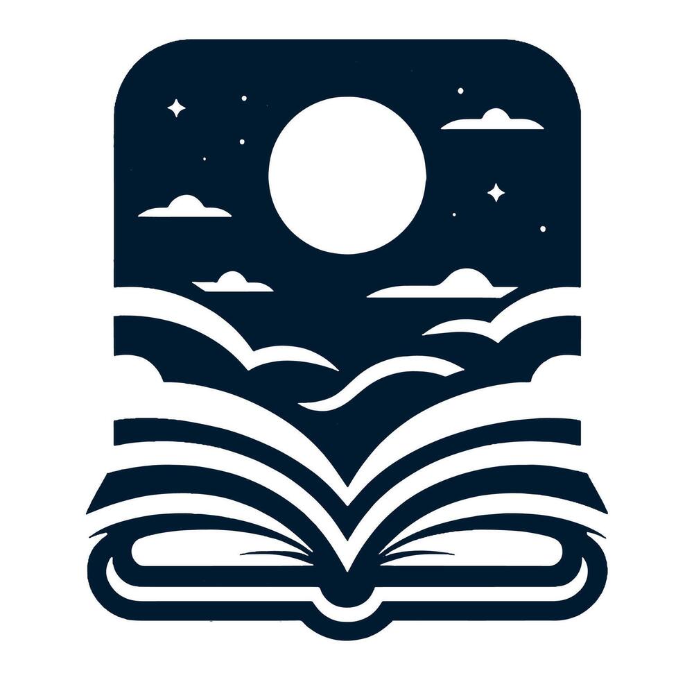 An open book with clouds and moon in the sky vector