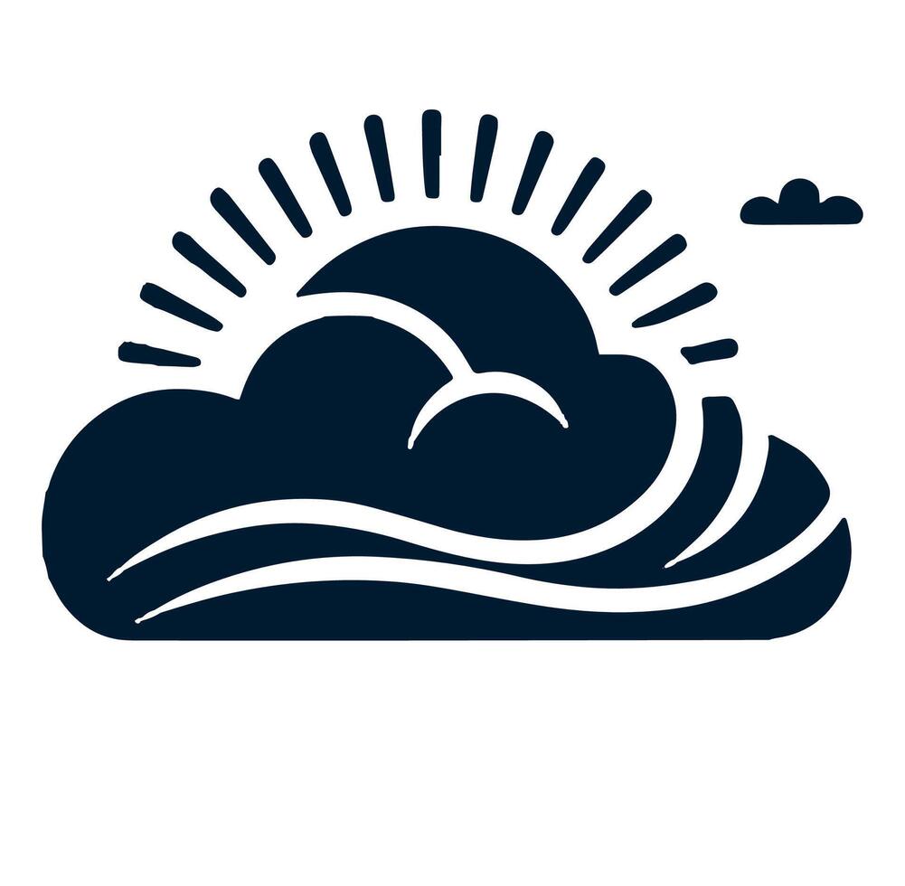 A black and white illustration of a cloud with a sun behind it vector