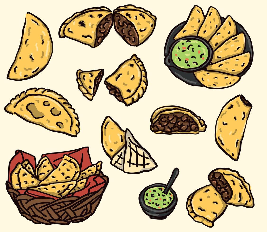 Set of empanada illustrations, doodle style vector