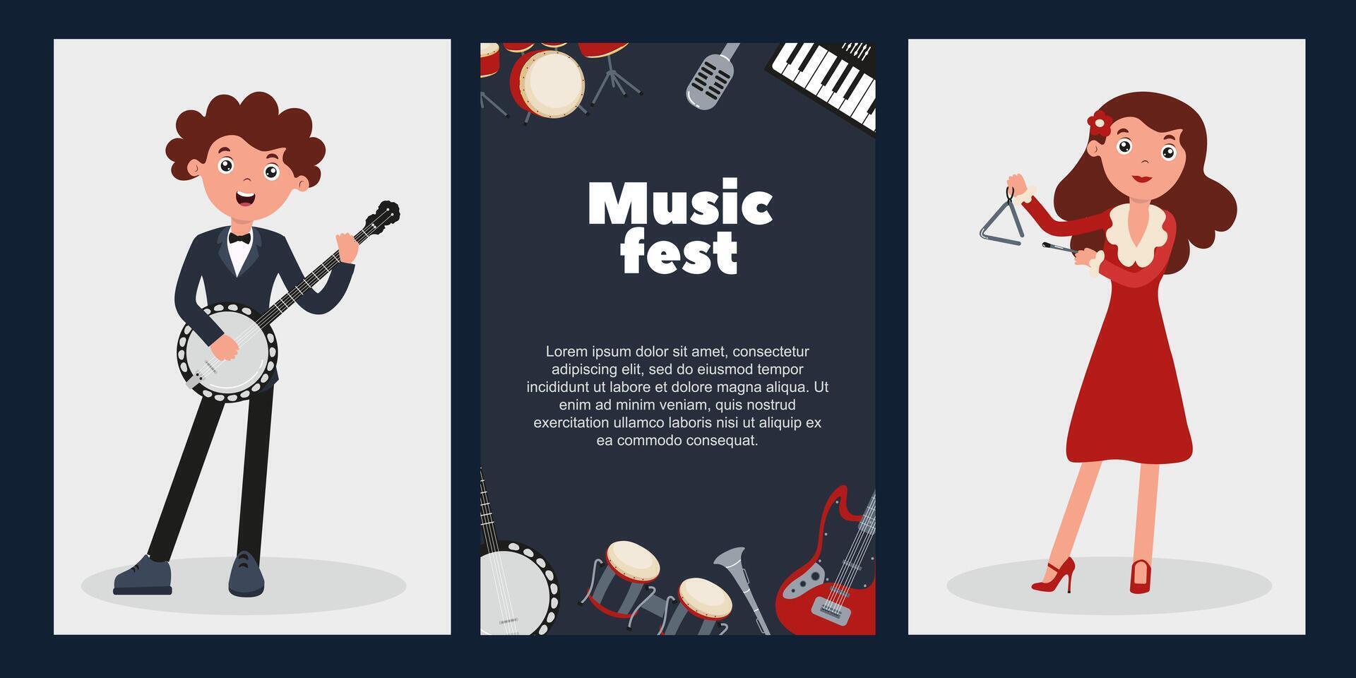 Musicians perform at a lively music festival with various instruments and enthusiastic crowd vector