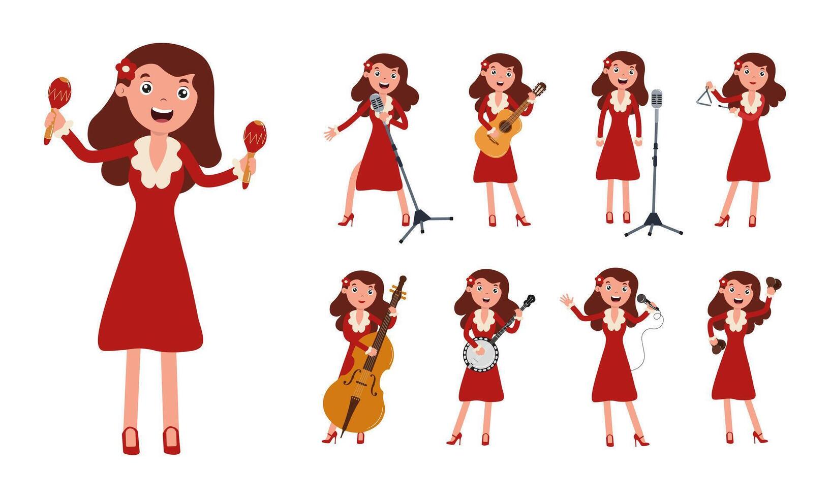 Woman in red dress performing various musical activities with instruments and microphones vector