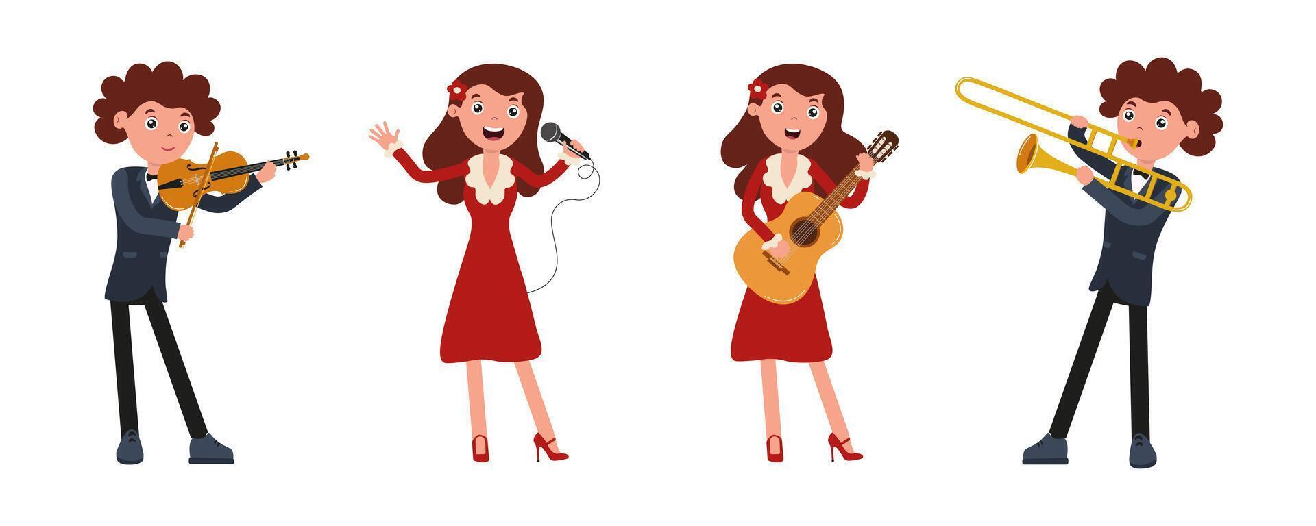 Musicians performing together with various instruments in vibrant red dresses during a concert vector