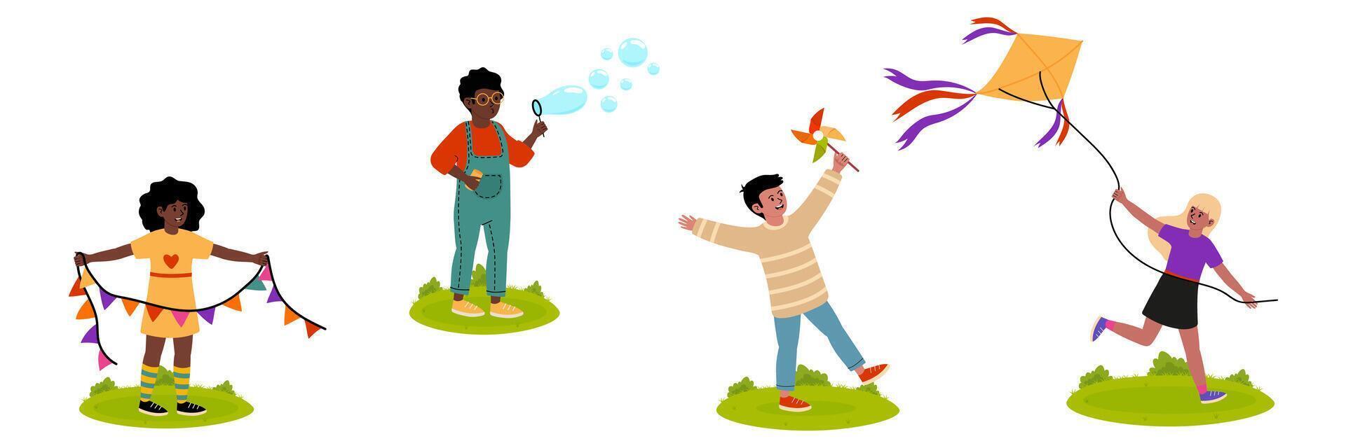 Children enjoying a sunny afternoon playing with kites and bubbles in a park vector