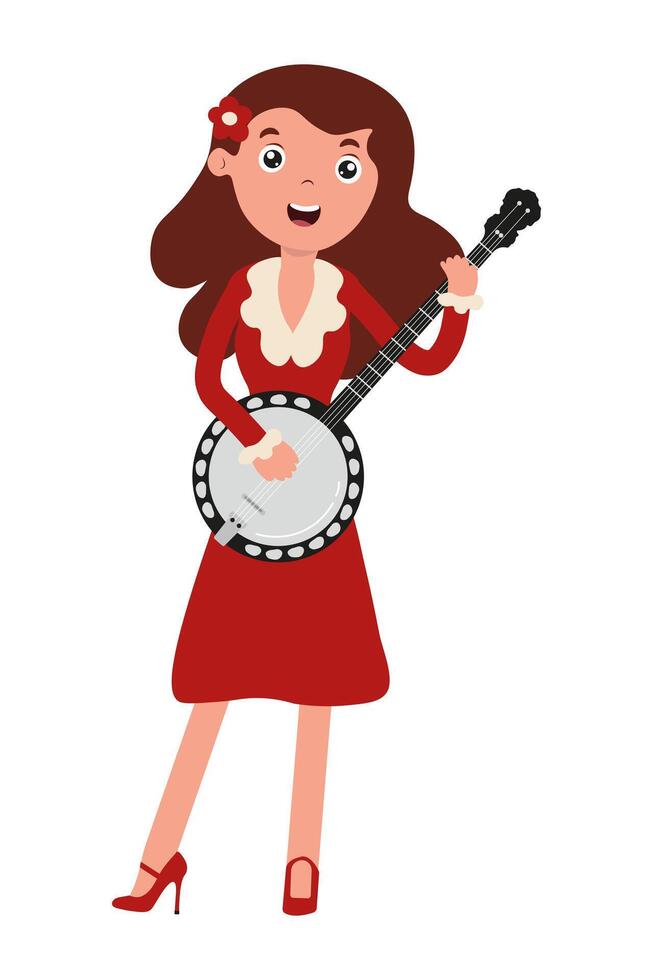 Young musician plays banjo while wearing a bright red dress and high heels vector