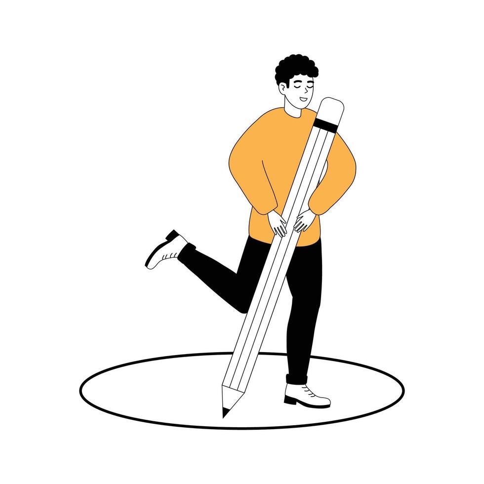 Person with oversized pencil playfully standing inside a drawn circle on a white background vector
