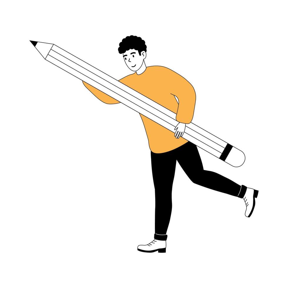 Young person carrying a giant pencil while smiling in an illustrated style vector