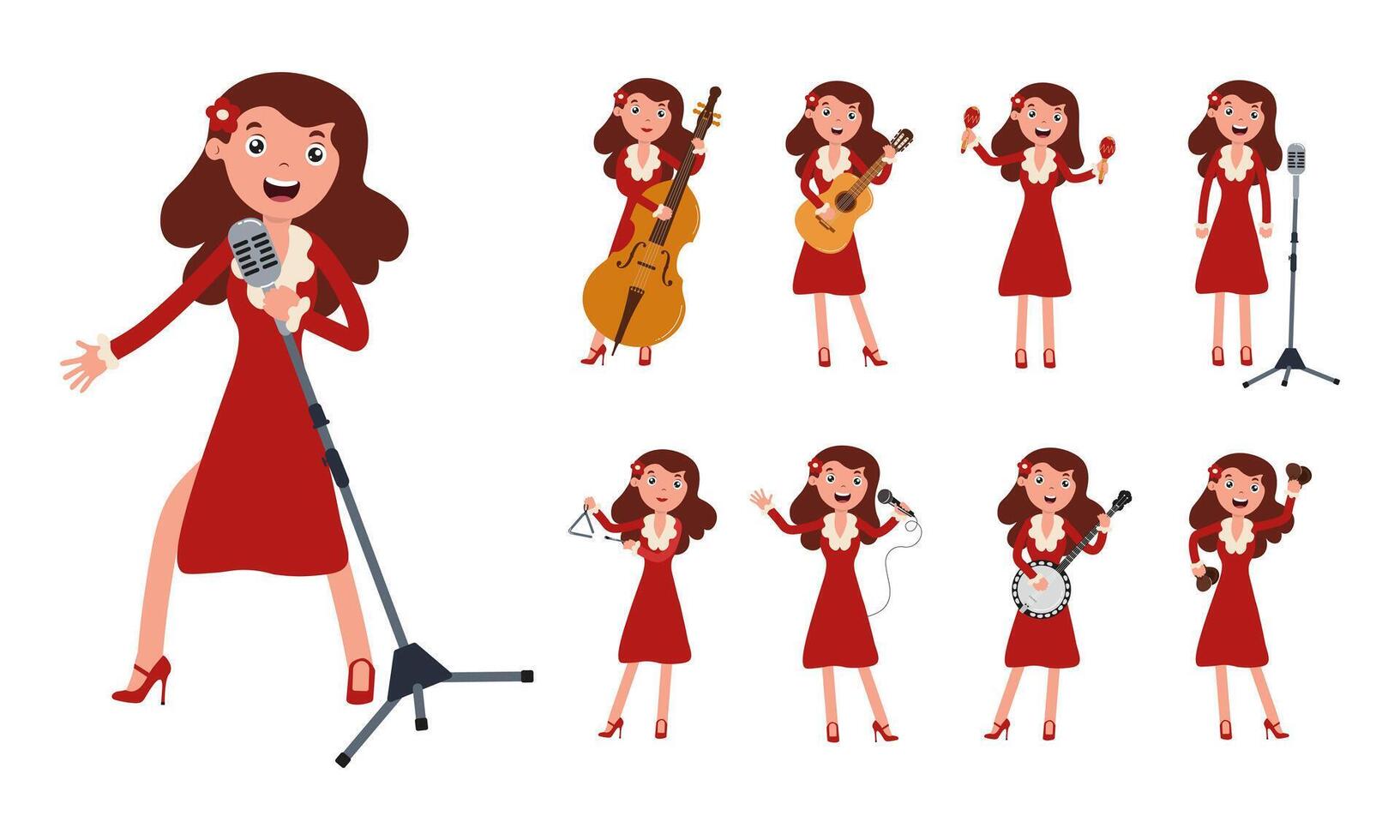 Animated musician performing with various instruments in a lively setting vector
