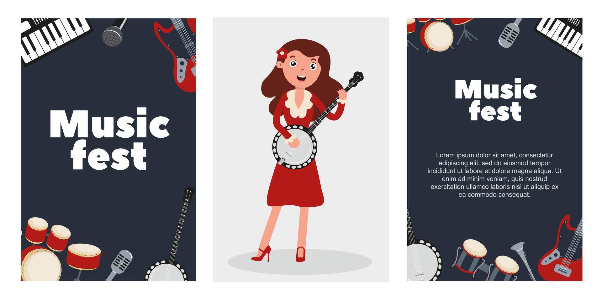 Music fest featuring a joyful girl playing the banjo with vibrant instruments in the background vector