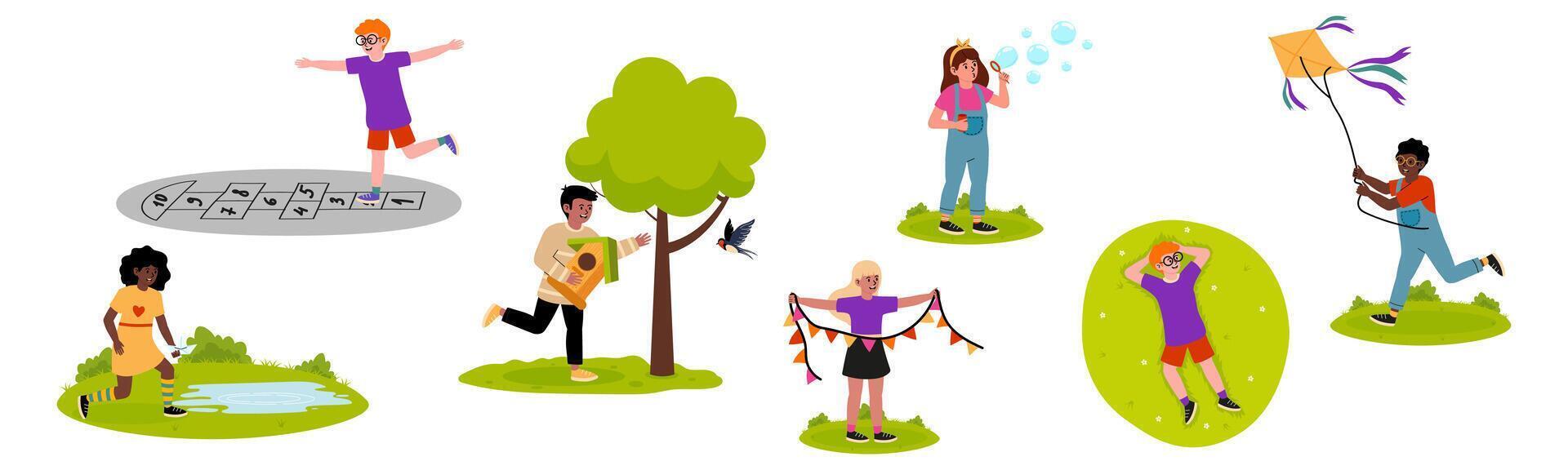 Kids enjoying various outdoor activities in a vibrant park on a sunny day vector
