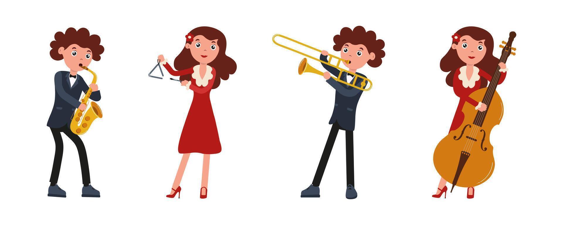 Cartoon musicians performing a lively ensemble in vibrant costumes during a festive event vector